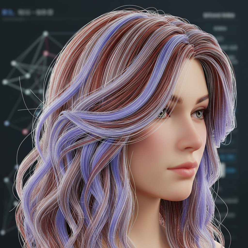 Digital human character hair simulation showing individual strand guides and clumping