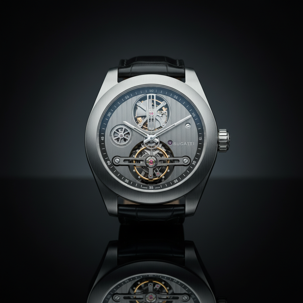 Luxury silver watch with leather strap on dark surface with dramatic lighting