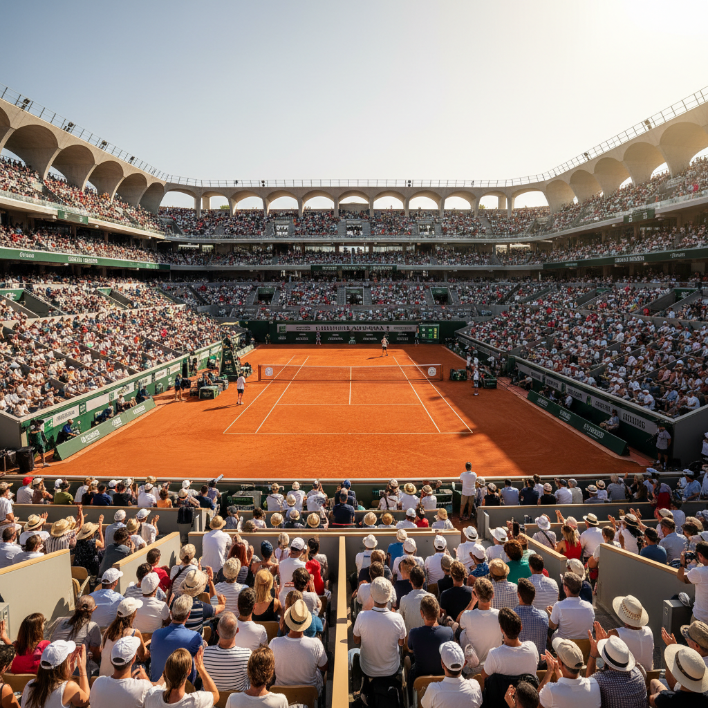 Tennis player serving on clay court at Roland Garros