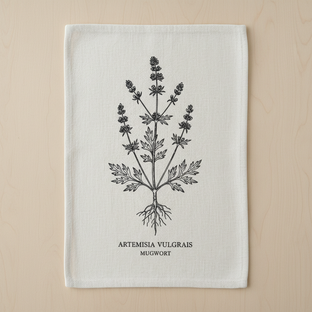 Botanical screen-printed tea towel with vintage mugwort illustration in black ink on natural cotton