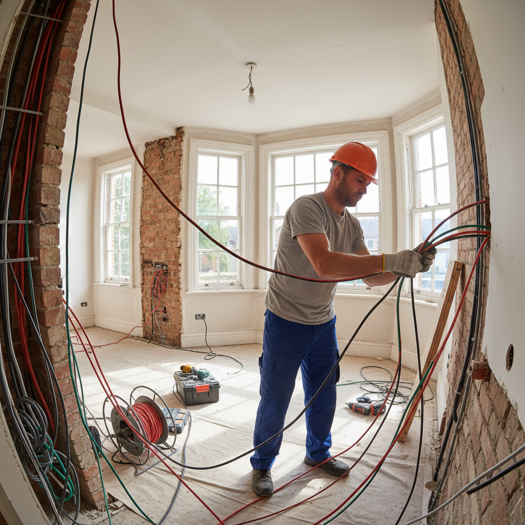 Electrician carefully threading electrical cables during a full property rewire in a UK home