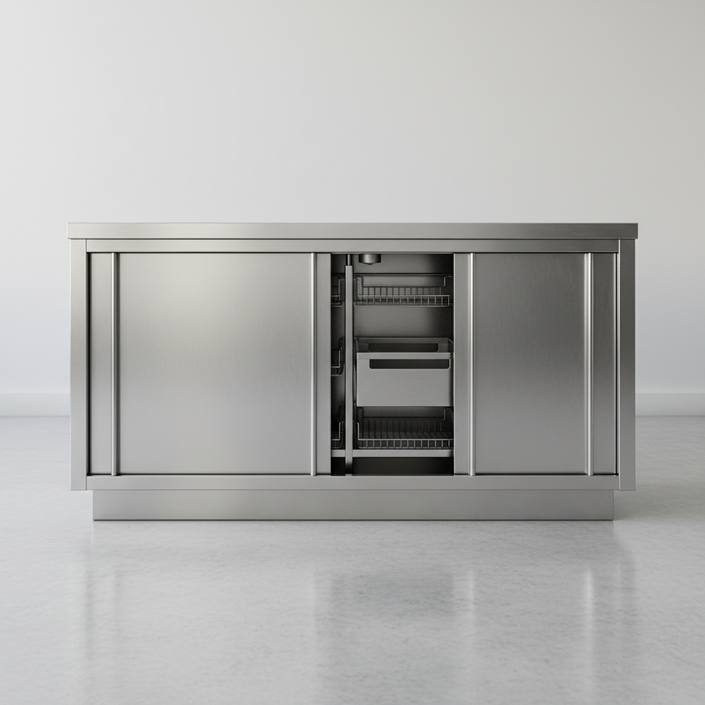 Stainless steel kitchen storage rack with organised items, bright kitchen interior, clean product shot