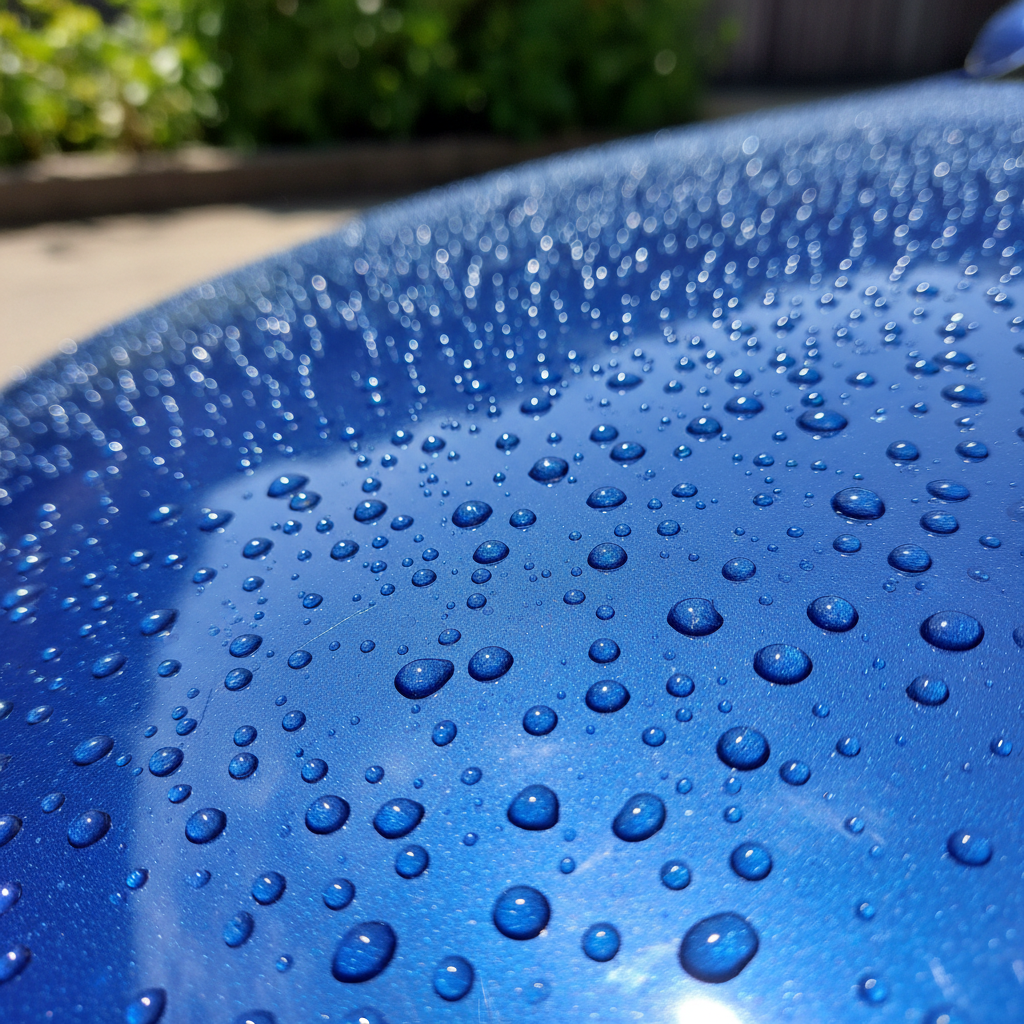 Close-up of water beading on ceramic coated black hood, perfect hydrophobic effect