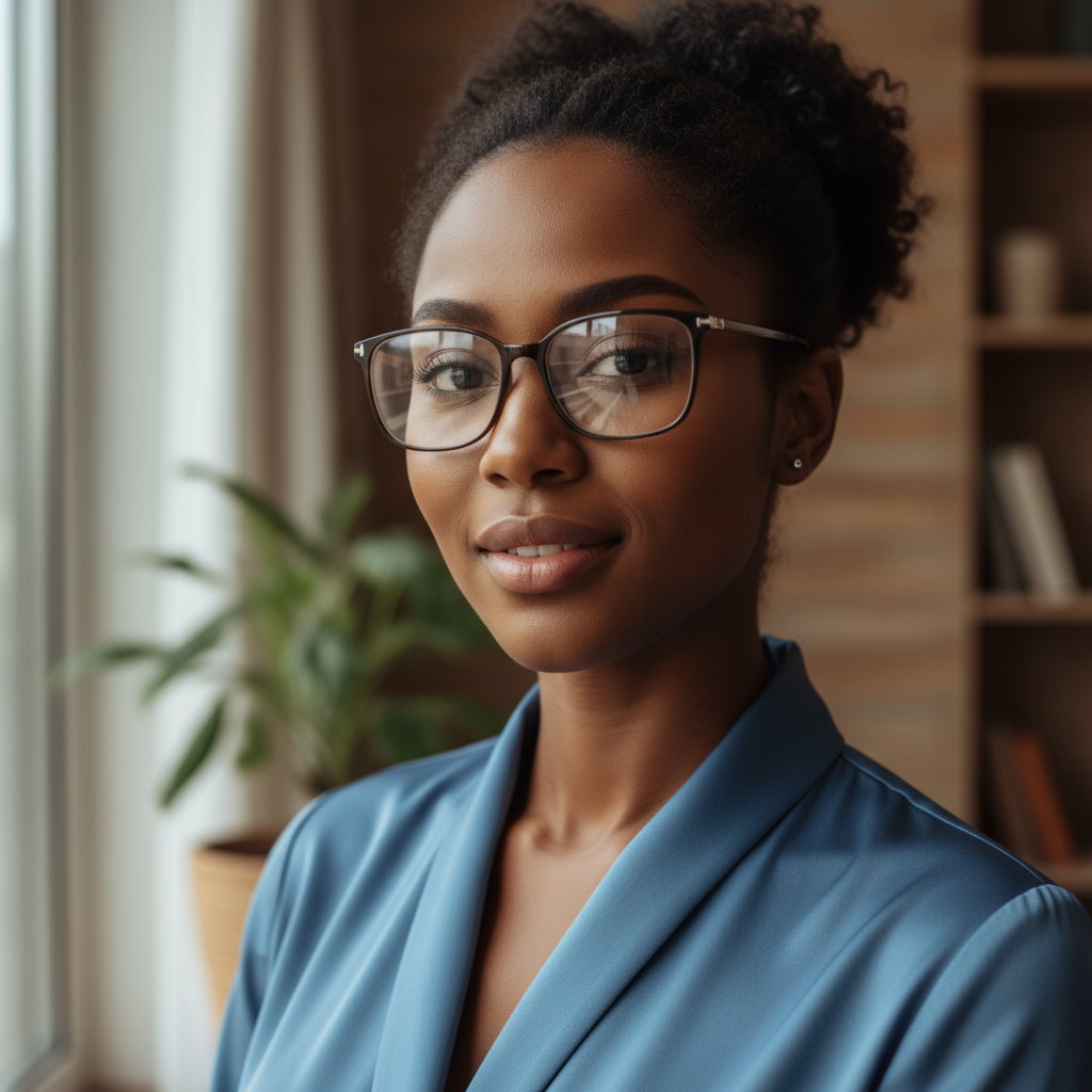 Professional South African woman, confident expression, warm lighting