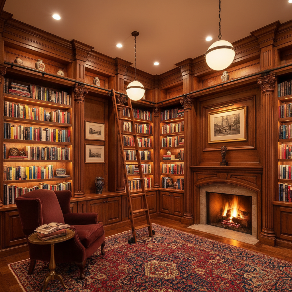 Beautifully transformed home library with floor-to-ceiling custom millwork, rolling ladder, and warm amber lighting after Stacks redesign