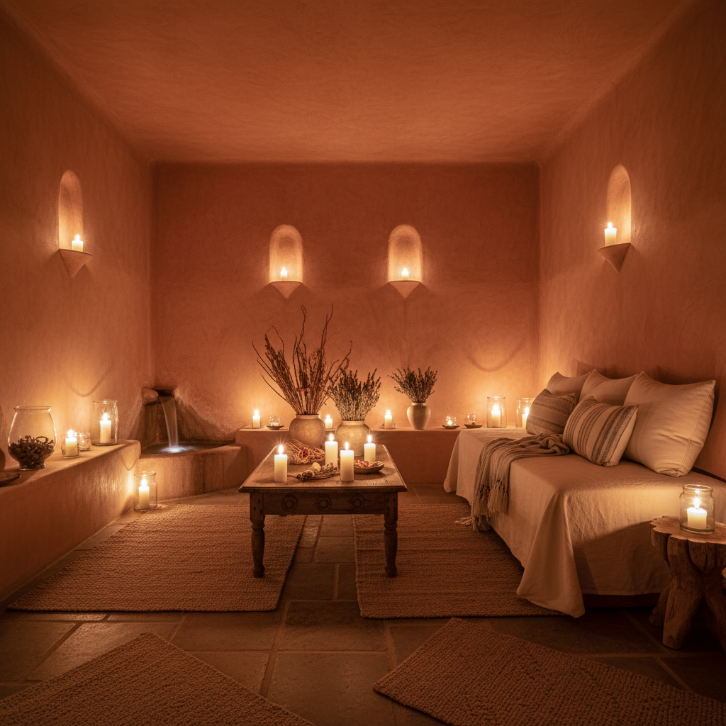Spa treatment room with dim candlelight, dark stone walls, mineral bath filled with steaming water, deep shadows and tranquil atmosphere