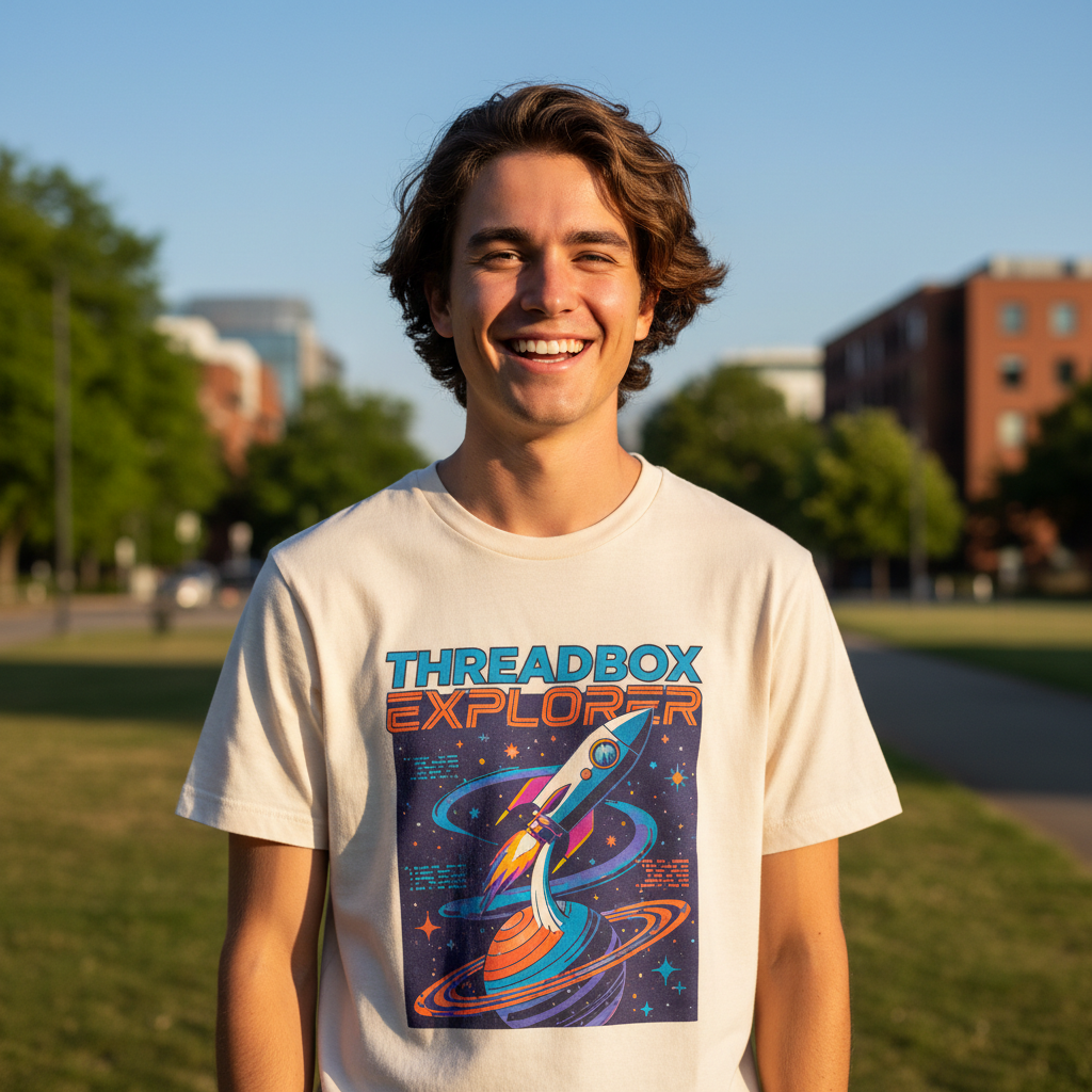 A young person wearing a graphic tee from Threadbox subscription box outdoors in natural light