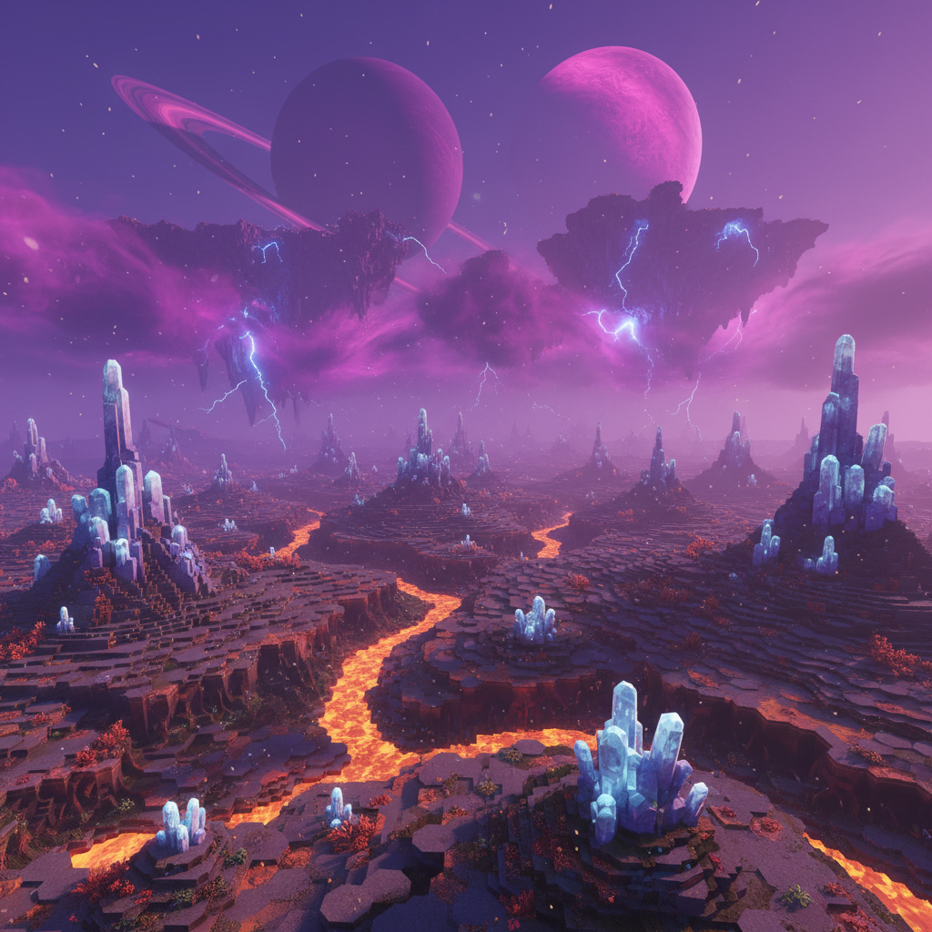 Bright glowing alien planet surface with vibrant purple atmosphere