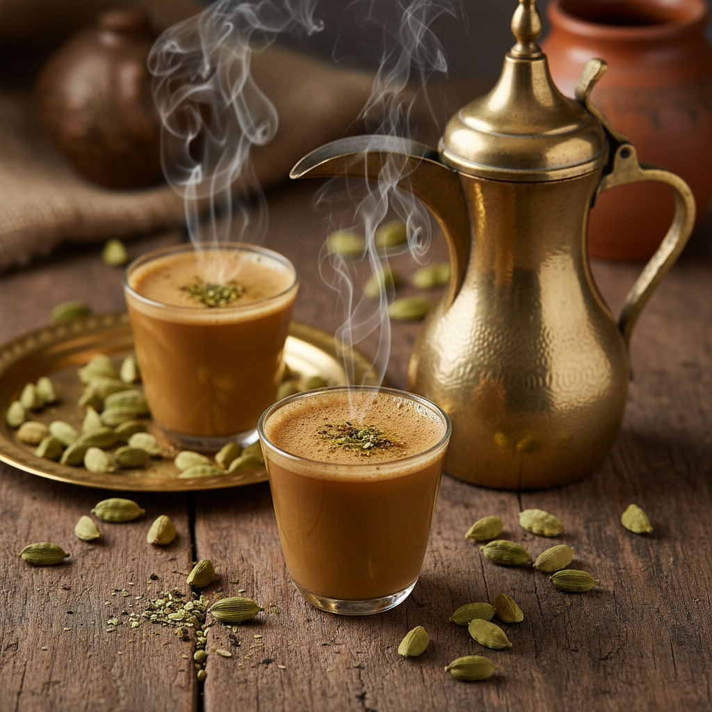 Brass dallah coffee pot resting on low embers, cardamom pods and saffron threads visible beside it