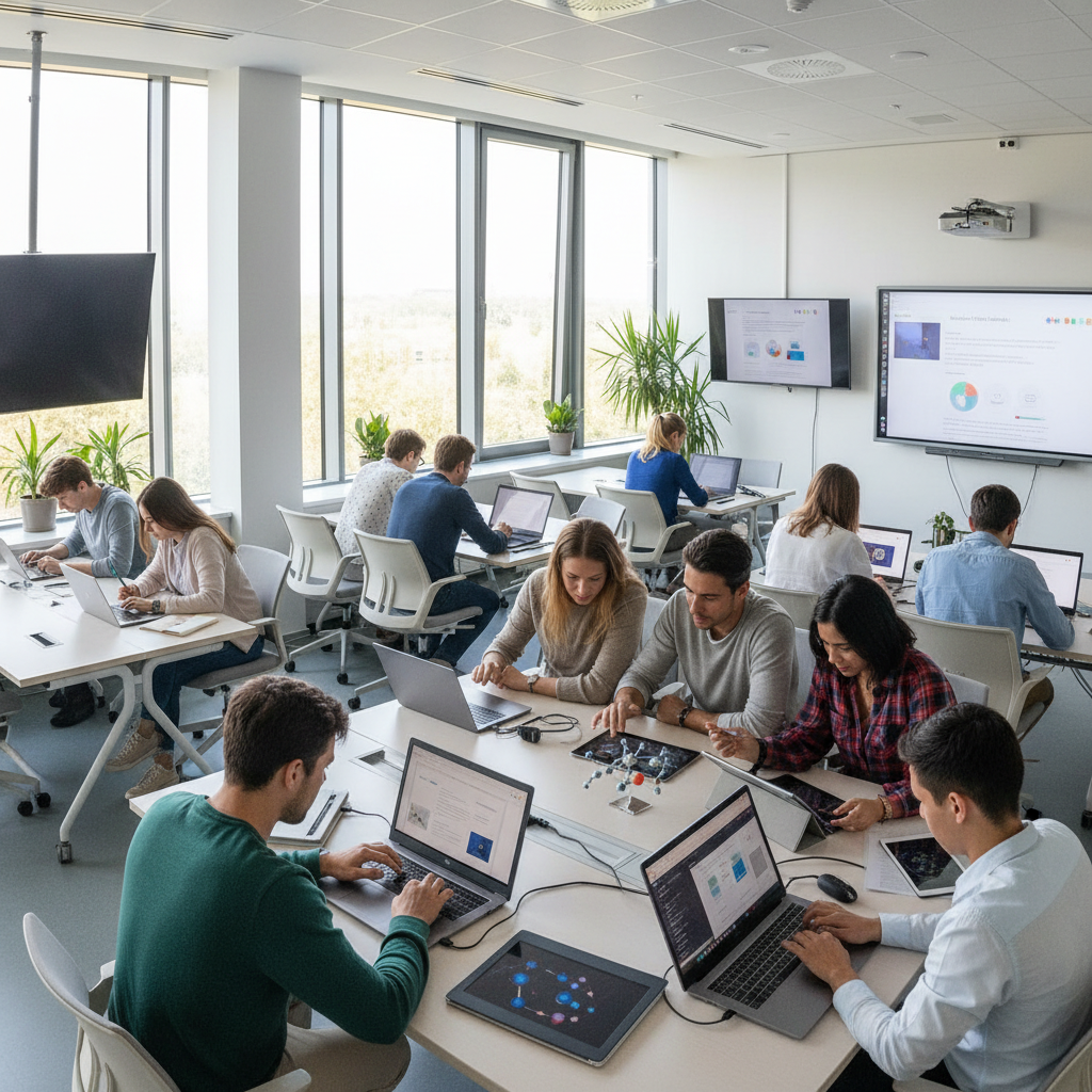 Students learning digital skills in a bright modern classroom environment