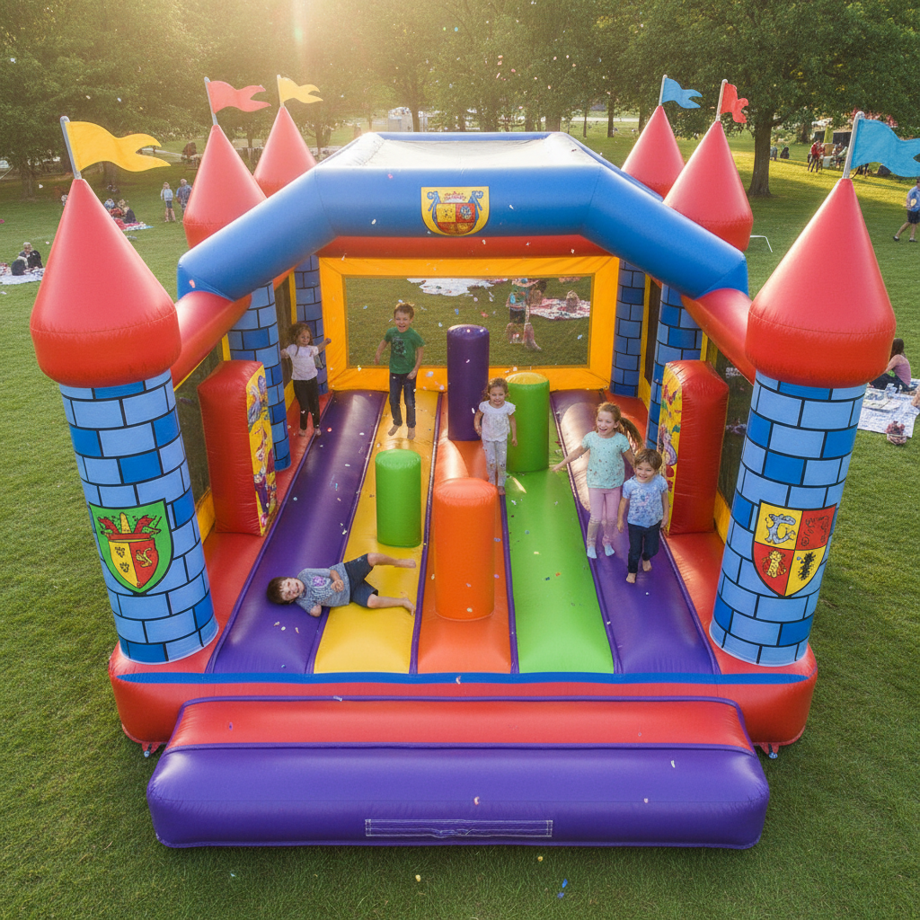 Colorful rainbow bounce castle with slide on green grass in a sunny backyard