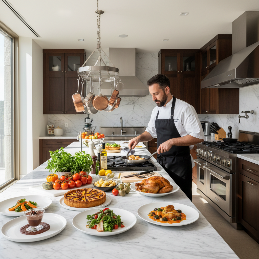 Chef Marcus Delacroix in professional kitchen whites, focused and intense, warm professional kitchen lighting, dark moody background