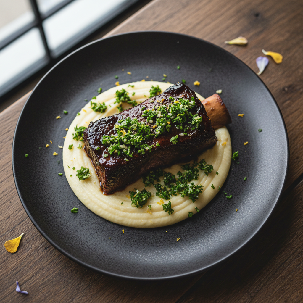 Overhead of braised short rib with celery root purée and herb gremolata on dark stoneware plate at a wedding dinner