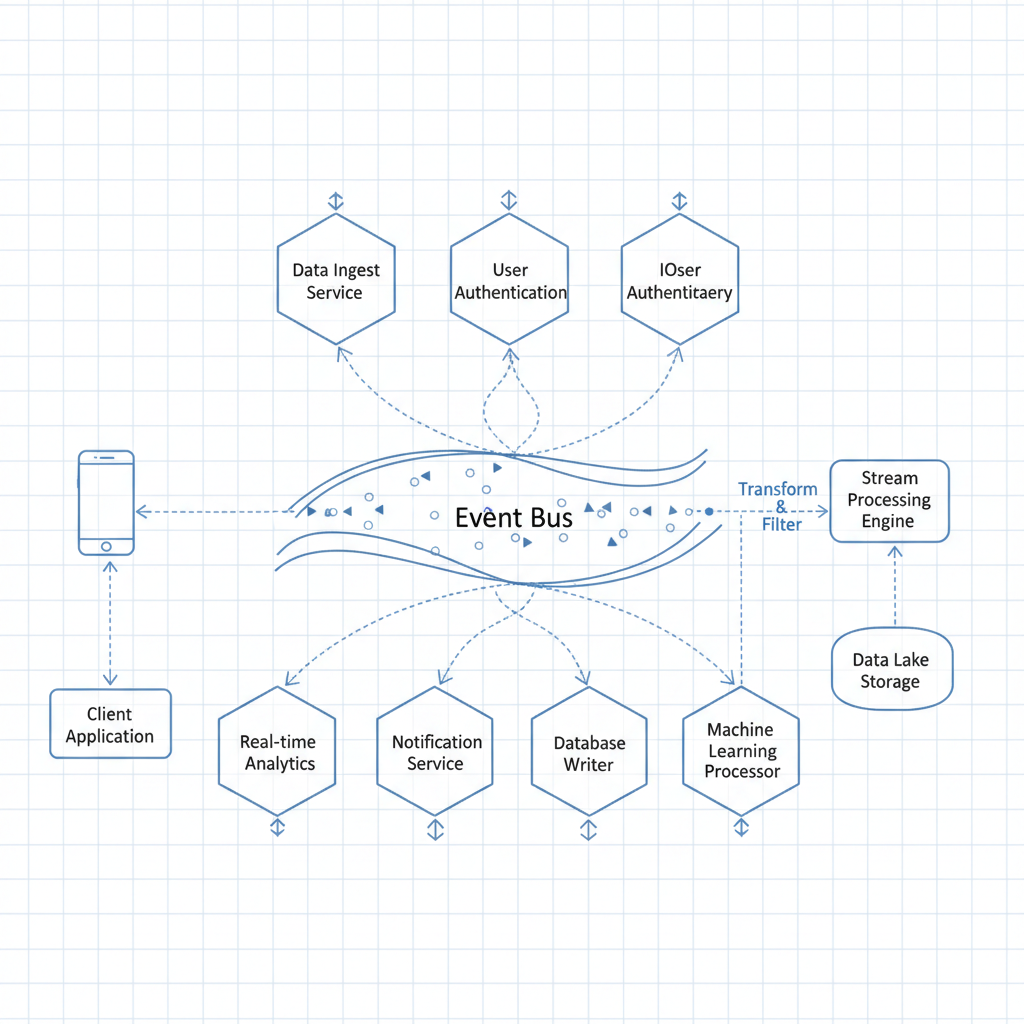 Architecture diagram showing event-driven system with connected nodes
