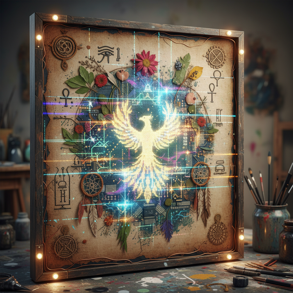 Mixed media canvas with traditional symbols and digital overlay