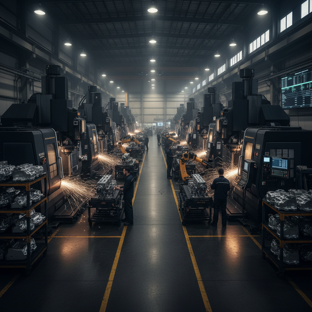 Heavy manufacturing facility floor with large industrial machines, dim atmospheric lighting, steel equipment and overhead cranes