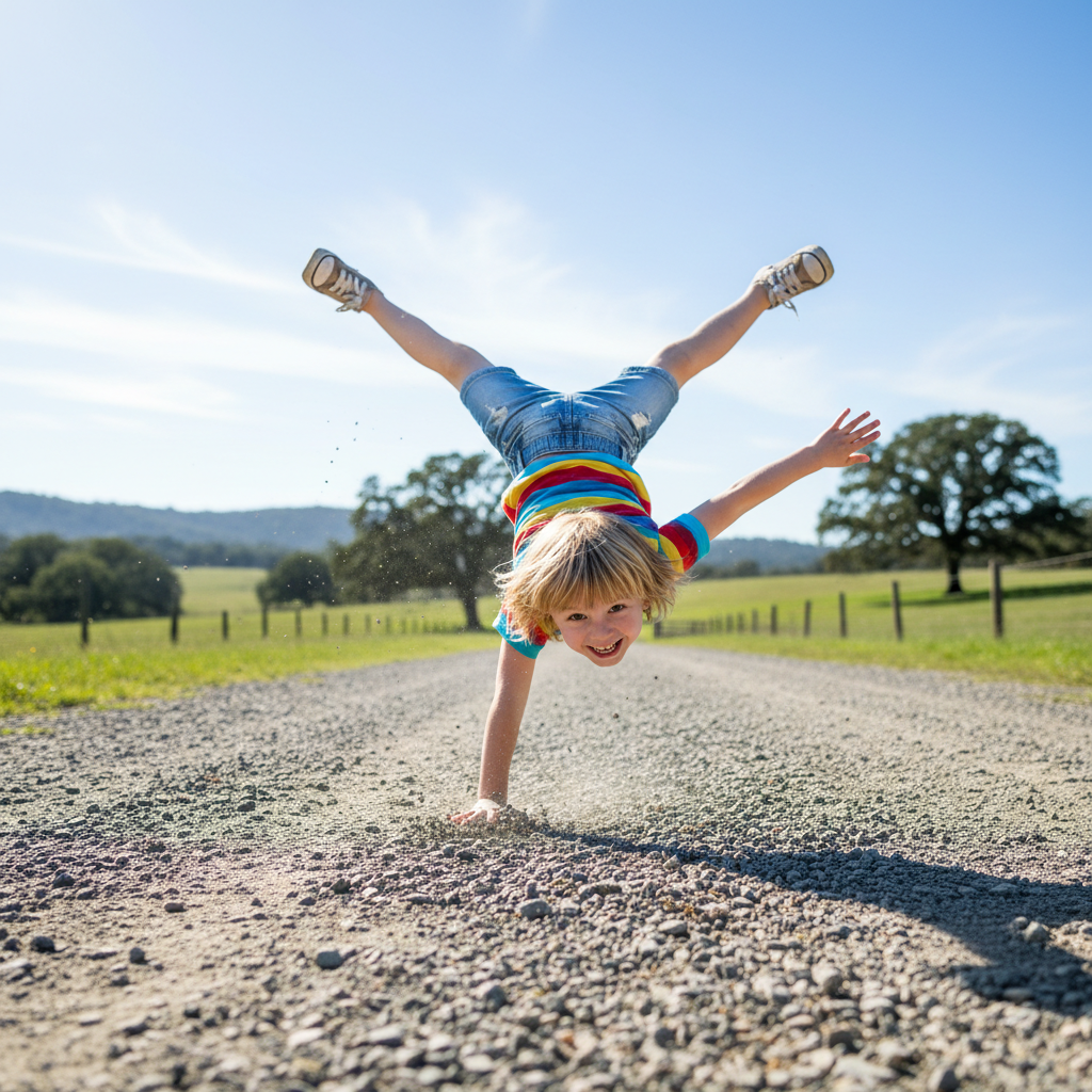 Child mid-cartwheel on the gravel track, pure joy
