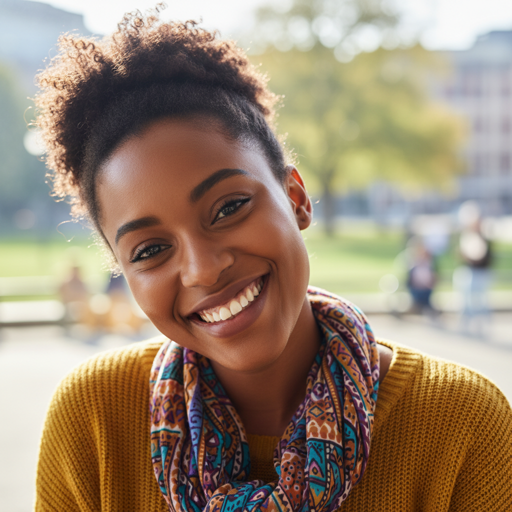 Young African woman smiling joyfully outdoors, vibrant energy, lush green background, authentic happiness