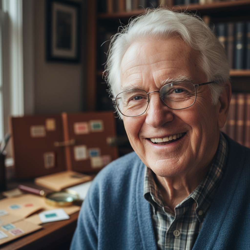 Older white-haired man with glasses smiling, retired postal worker and stamp collector
