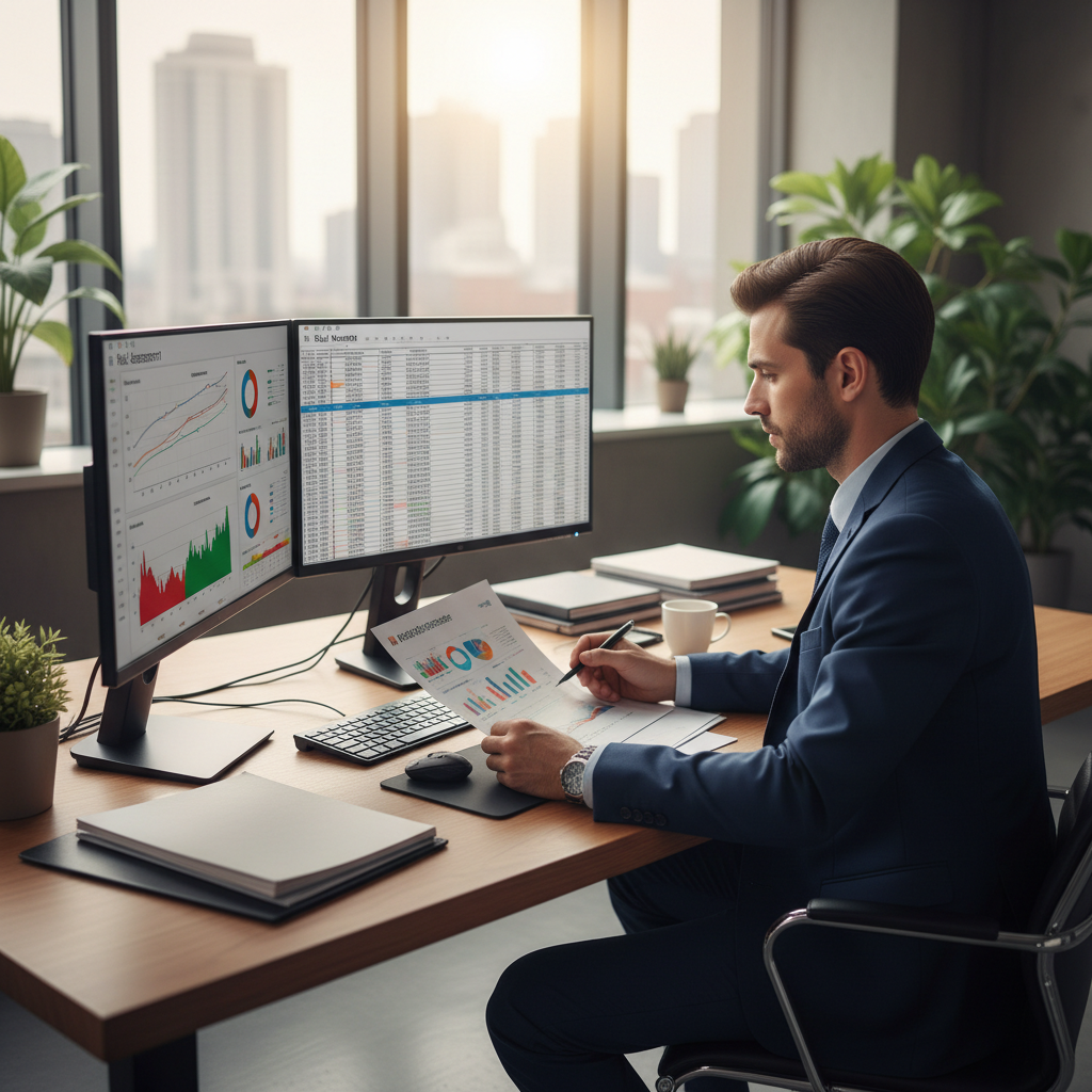 Analista de riesgos revisando dashboards financieros y reportes de gestión en sala corporativa