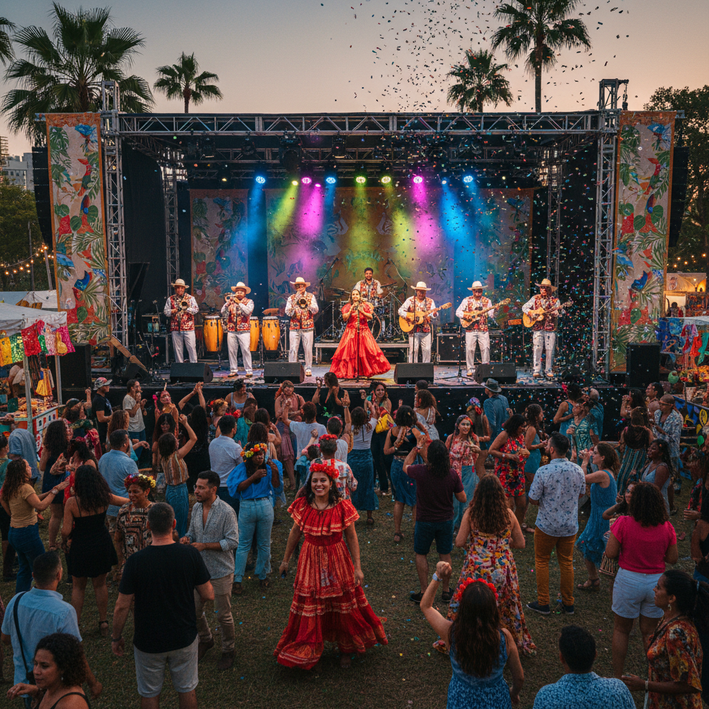 Colorful Latin American cultural festival with traditional costumes, music performers, and festive crowd in an outdoor public square