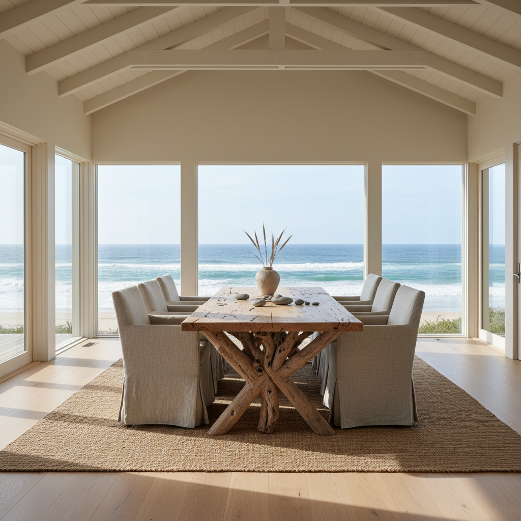 Elegant coastal dining with waterfront view