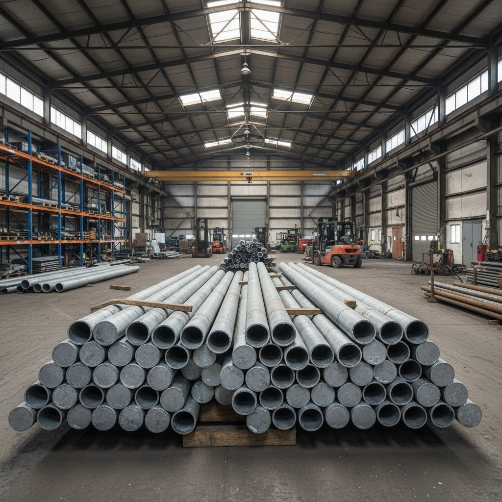 Galvanized iron pipes with shiny zinc coating stacked in an industrial warehouse