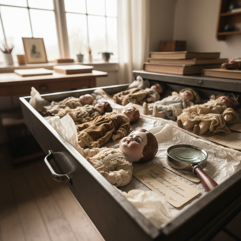 Collector's flat file with antique dolls resting on acid-free tissue paper alongside handwritten provenance cards and magnifying loupes