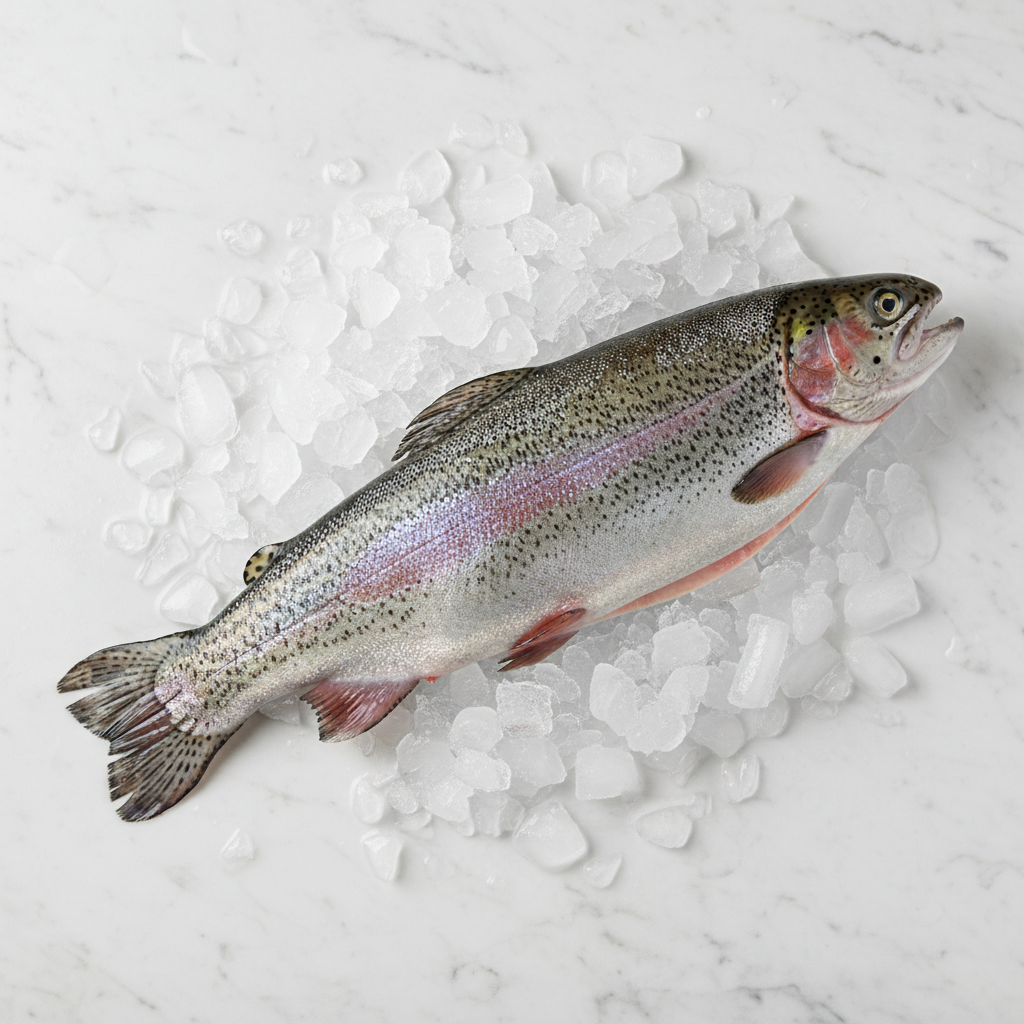 Fresh whole rainbow trout on ice with speckled pink skin