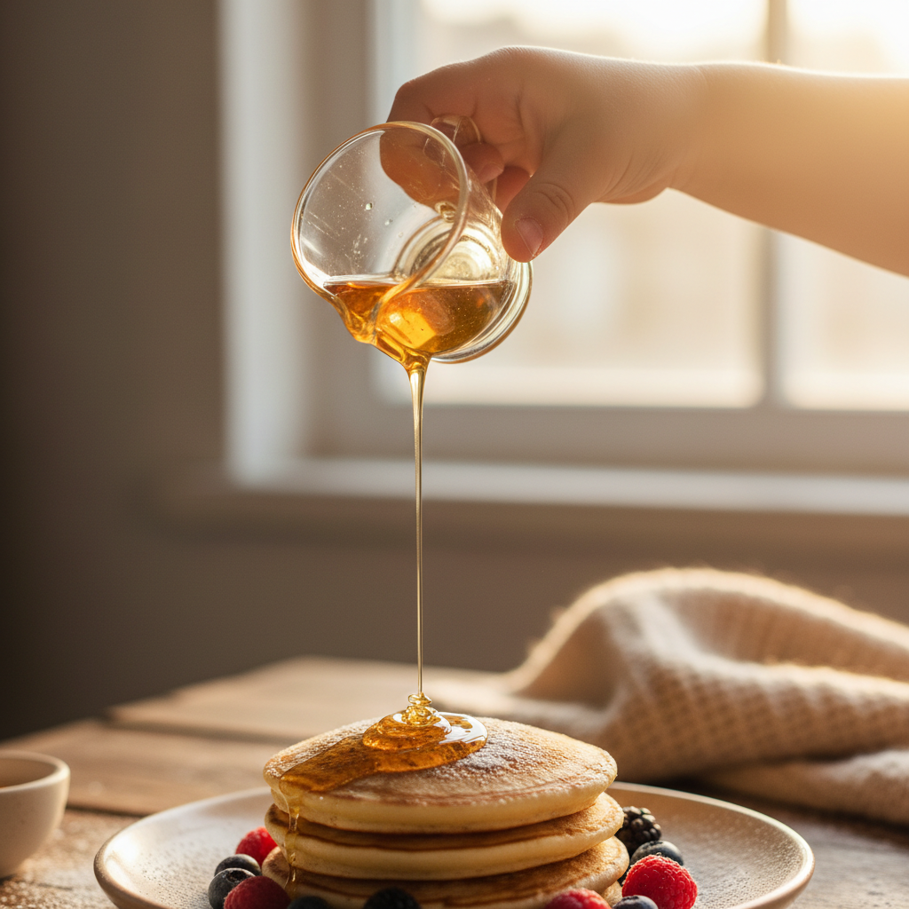 Child hand drizzling honey over a finished dish in golden light