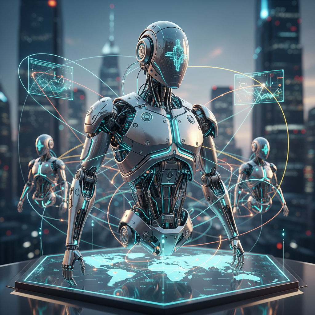 Futuristic robot or AI agent concept with glowing blue circuits and mechanical components, representing agentic AI systems