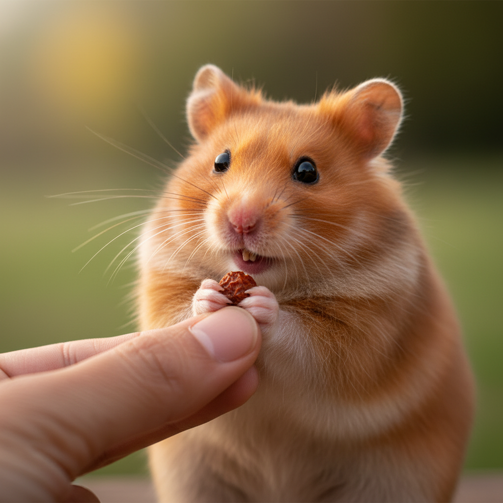 Chubby-cheeked small animal accepting a treat from an outstretched hand, expression delighted