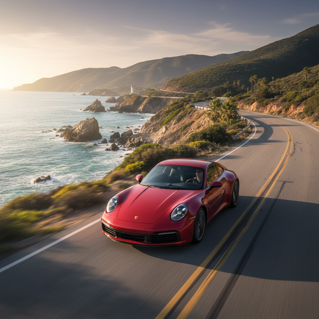 Red Porsche 911 Carrera sports car on winding coastal road with ocean background