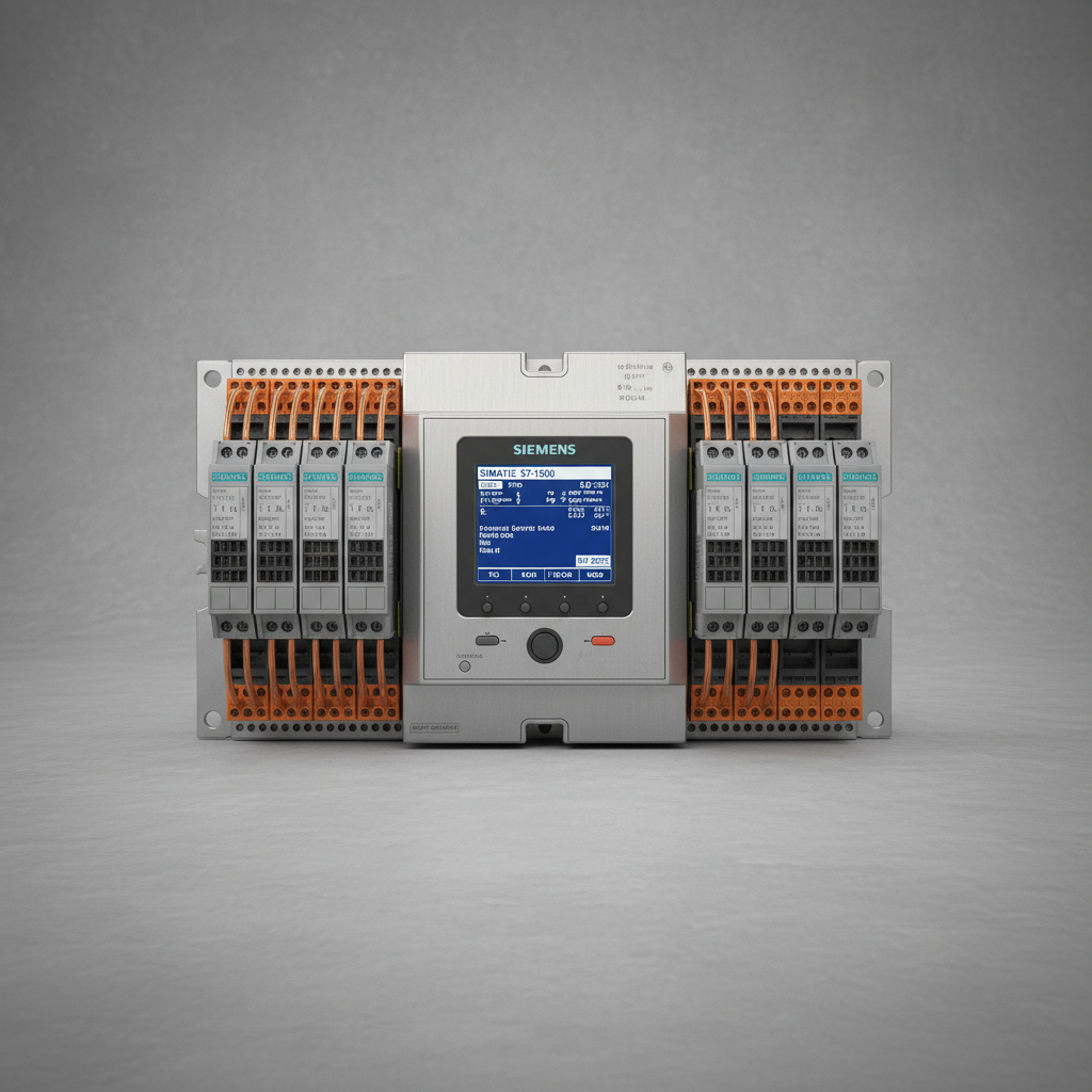 Industrial automation panel with PLC, HMI touchscreen, SCADA interface, and I/O modules for smart factory control