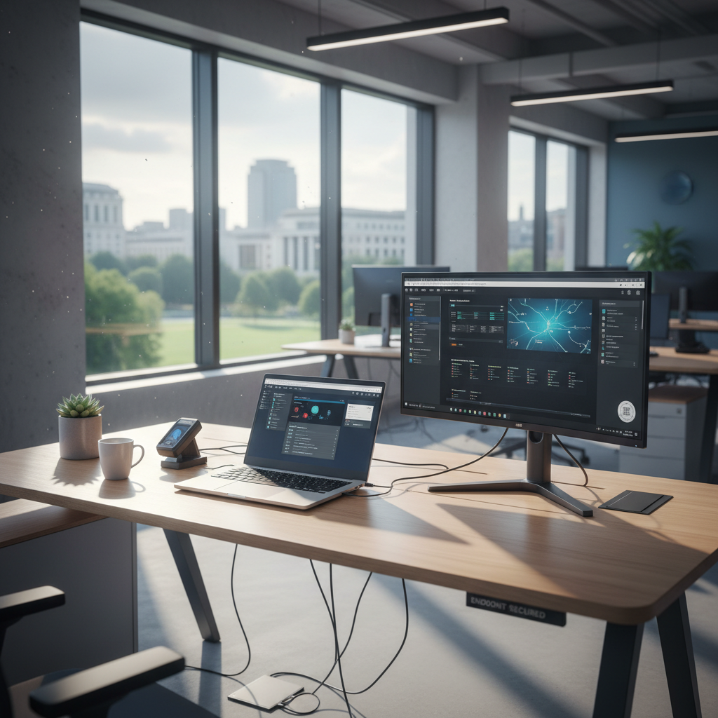 Laptop and desktop computers on a modern office desk representing endpoint devices requiring security protection