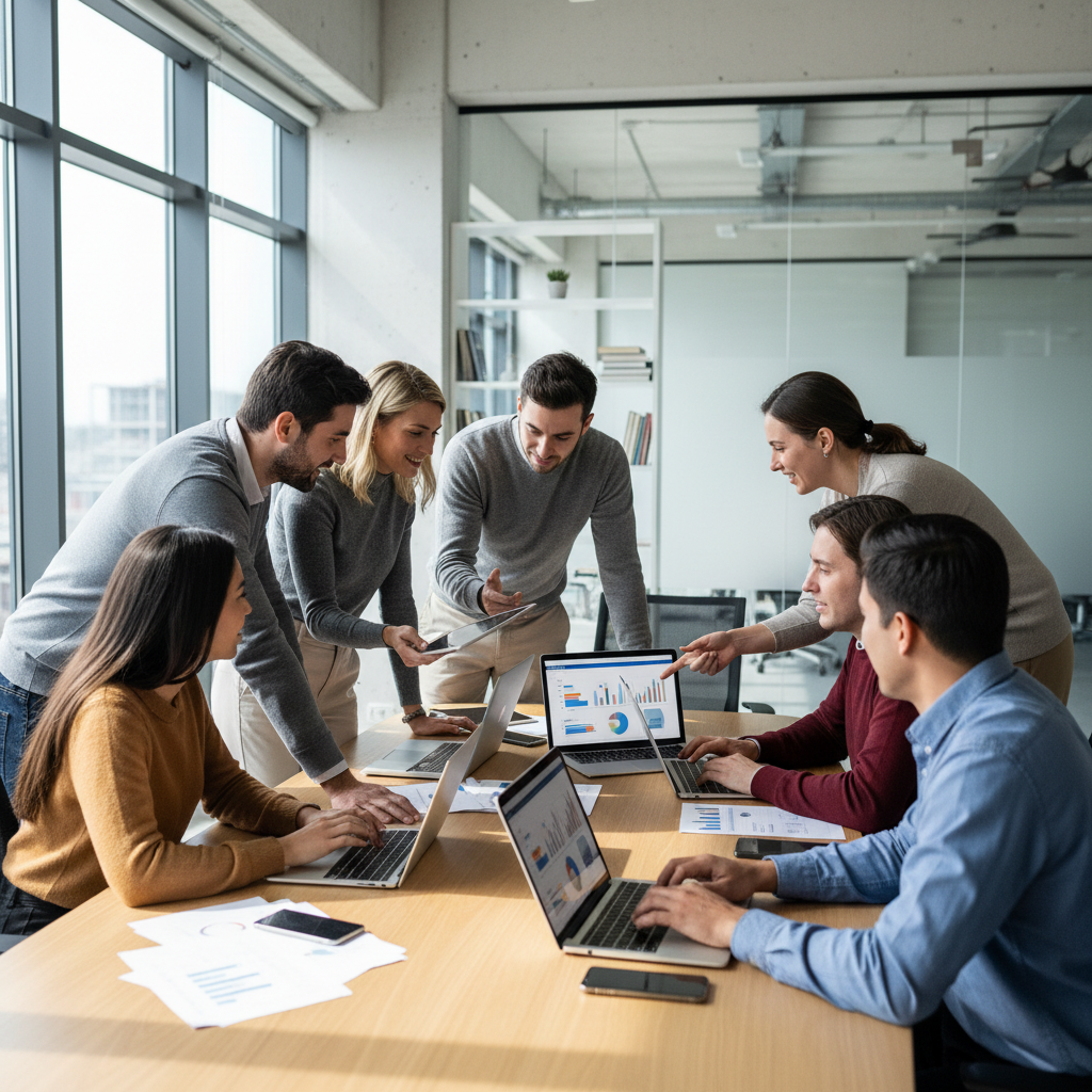 Business team collaborating around conference table with documents and laptops