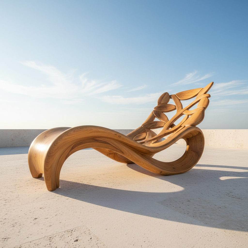 Sculptural teak lounge chair on a whitewashed limestone terrace against open sky, casting a long afternoon shadow