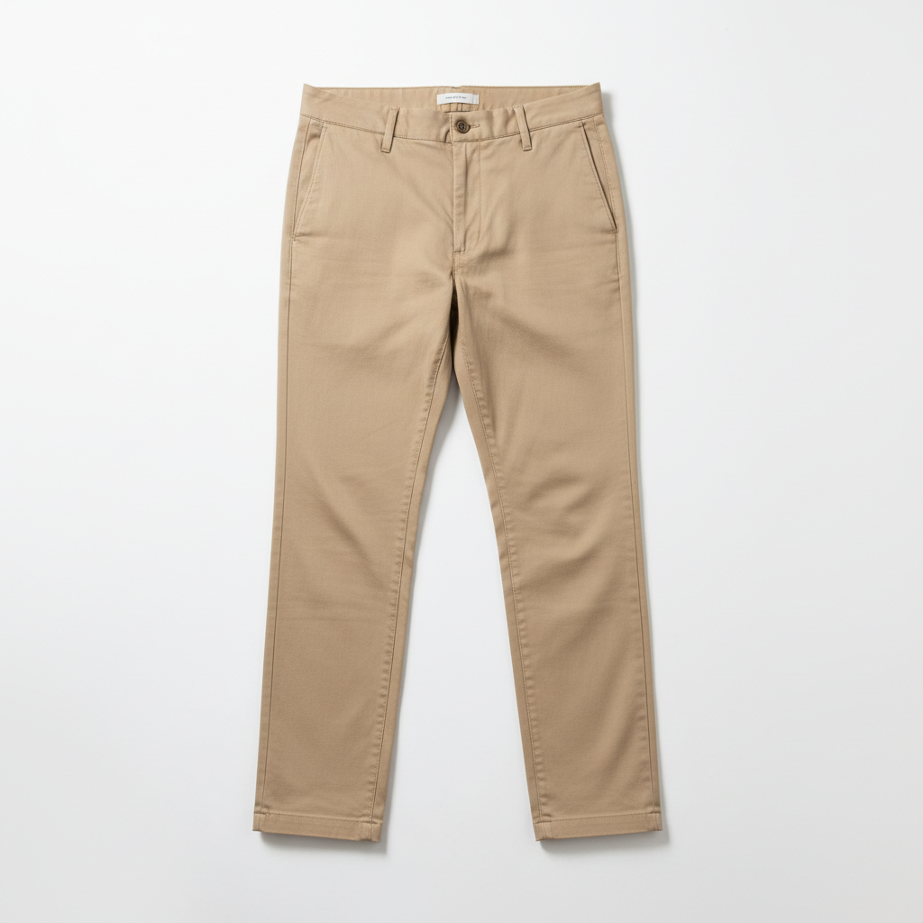 Slim khaki chino pants on neutral background