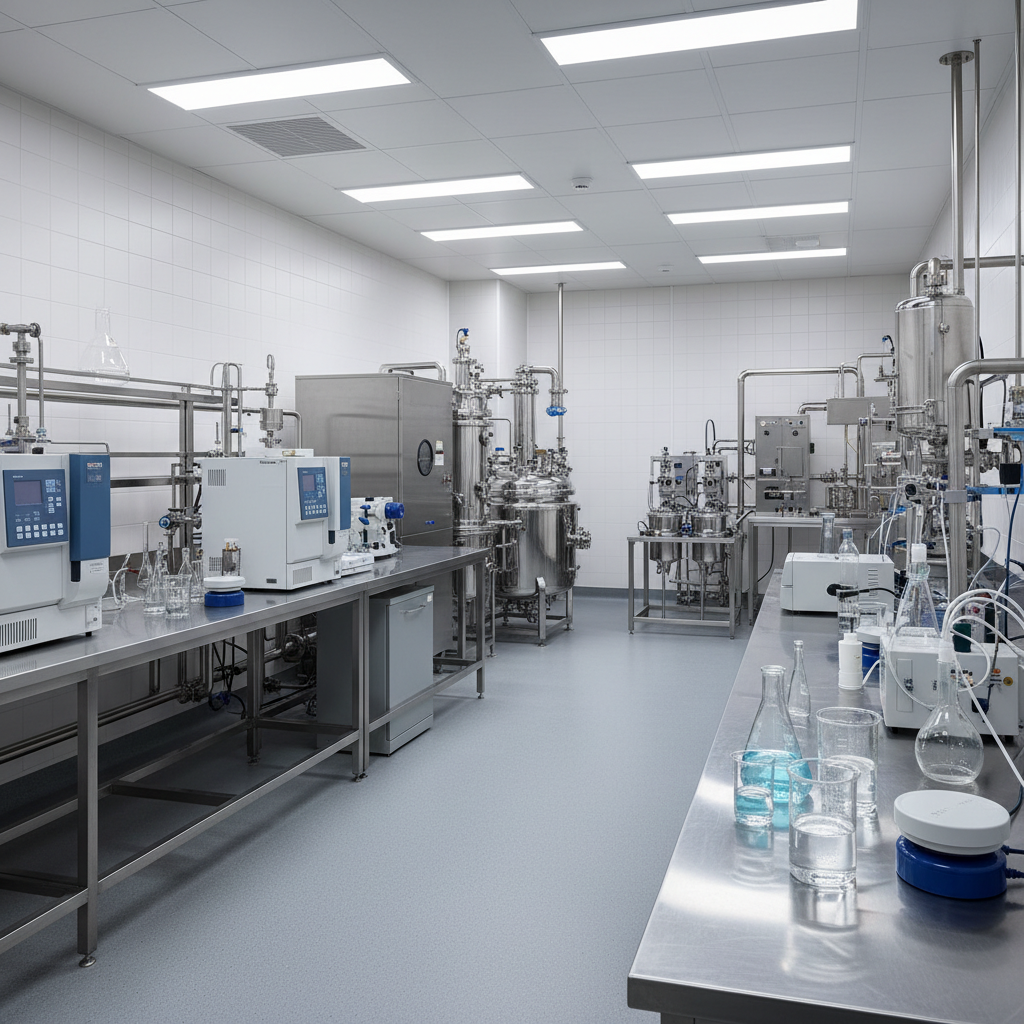 Chemical laboratory with clean stainless steel processing equipment and precision instruments