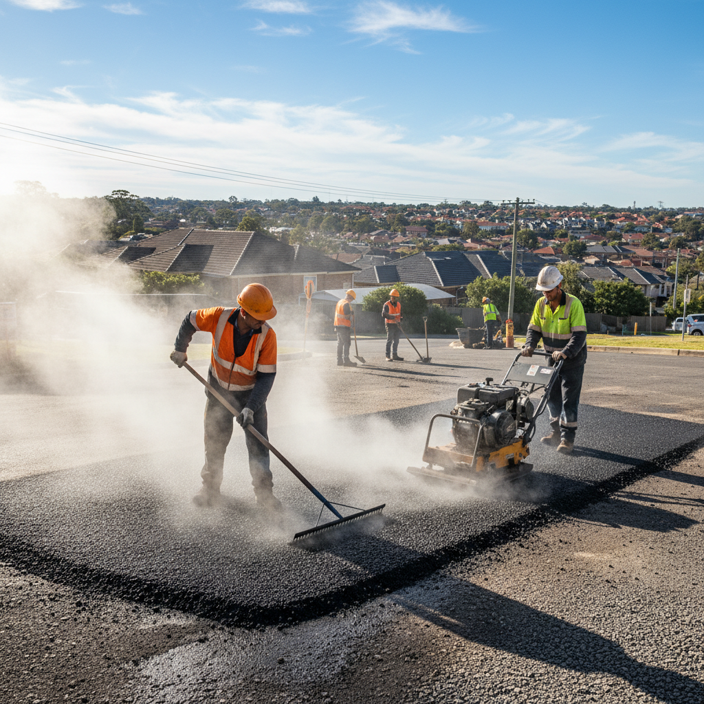 Slab crew laying hot-mix asphalt — one worker raking hot mix while steam rises from the surface, another operating a vibrating plate compactor, both in hi-vis vests against charcoal asphalt with Sydney suburban rooflines in the background