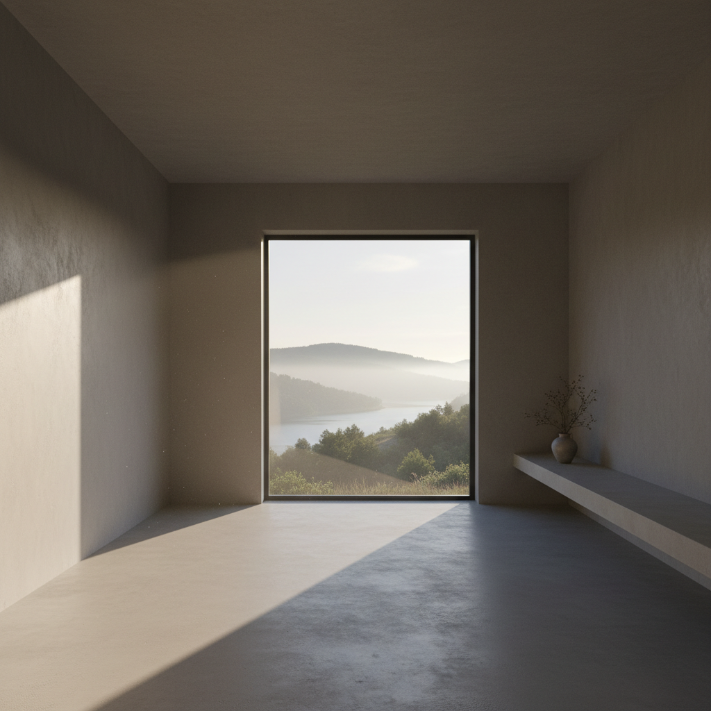 Minimalist architectural interior with raw concrete walls, a single shaft of natural light cutting across the floor, and a view to a courtyard garden