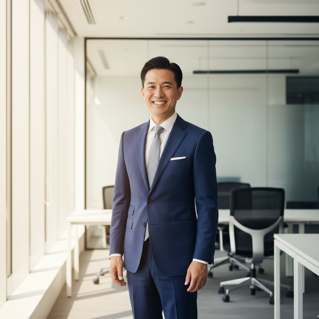 Asian businessman in navy suit with confident smile in contemporary office setting