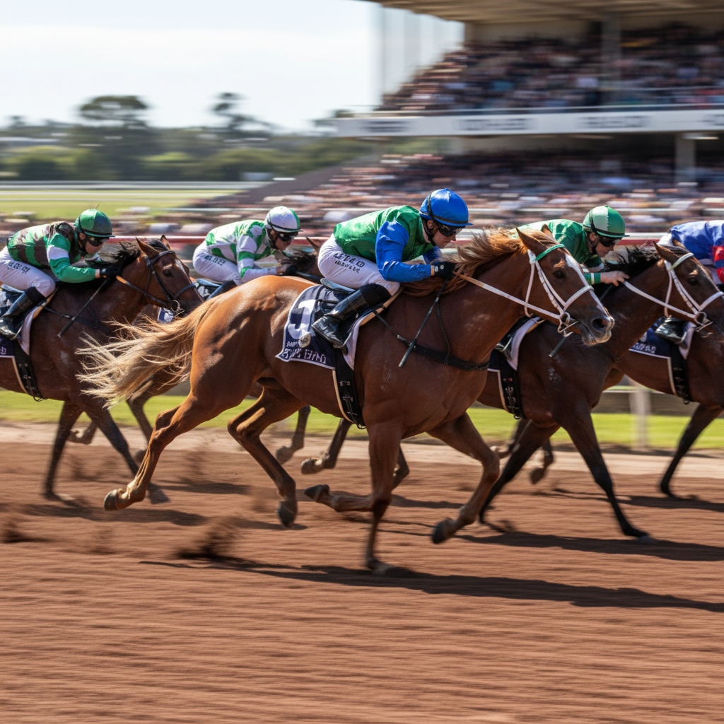 Salty Pearl action shot mid-race at Caulfield showing the horse in a pack of runners on the home straight