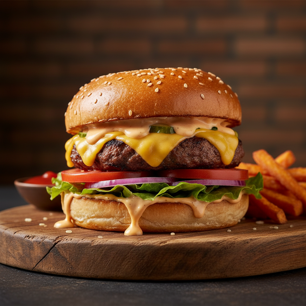 Juicy gourmet burger with melting cheese and fresh toppings in warm golden hour light