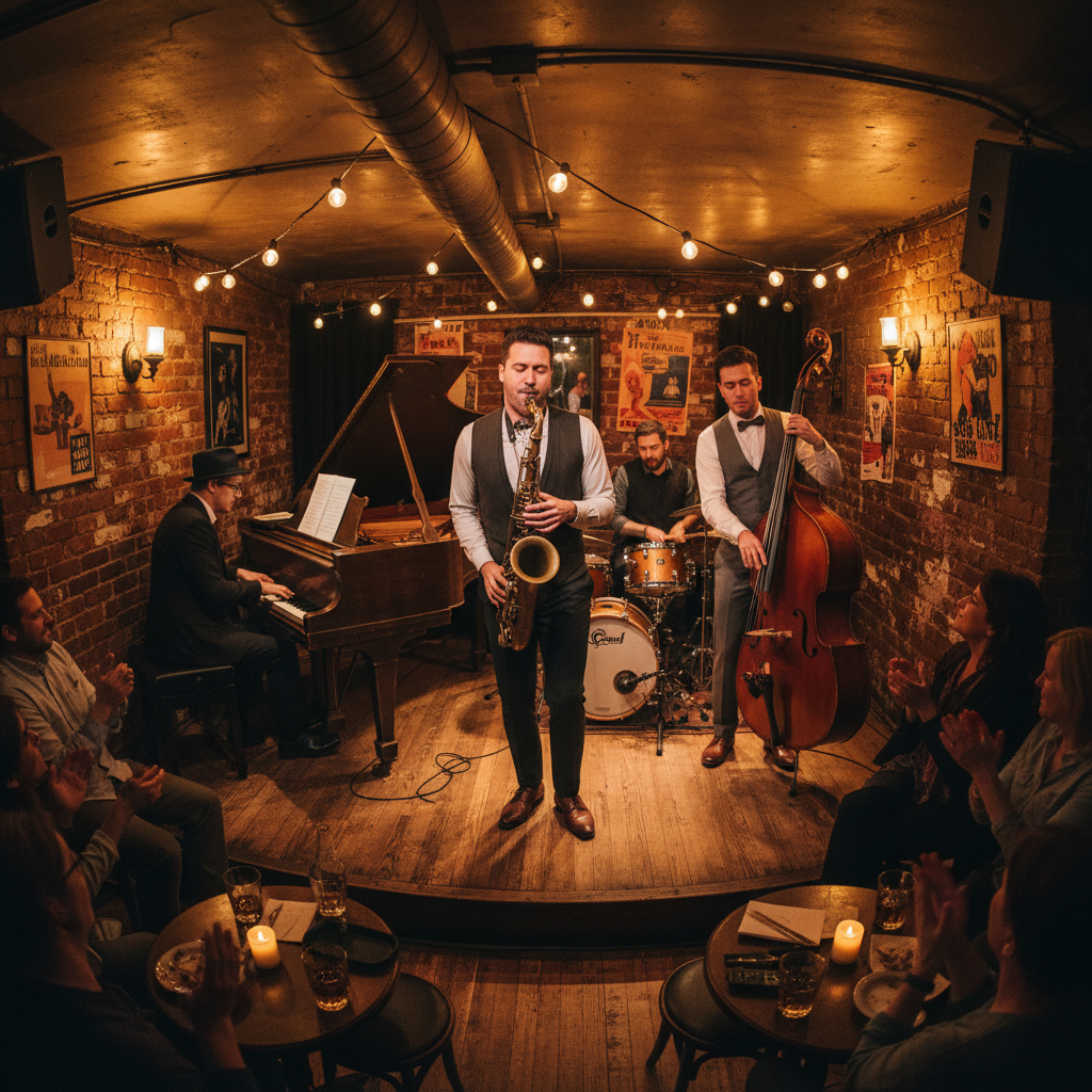Jazz quartet performing on stage with warm amber lighting in intimate concert atmosphere