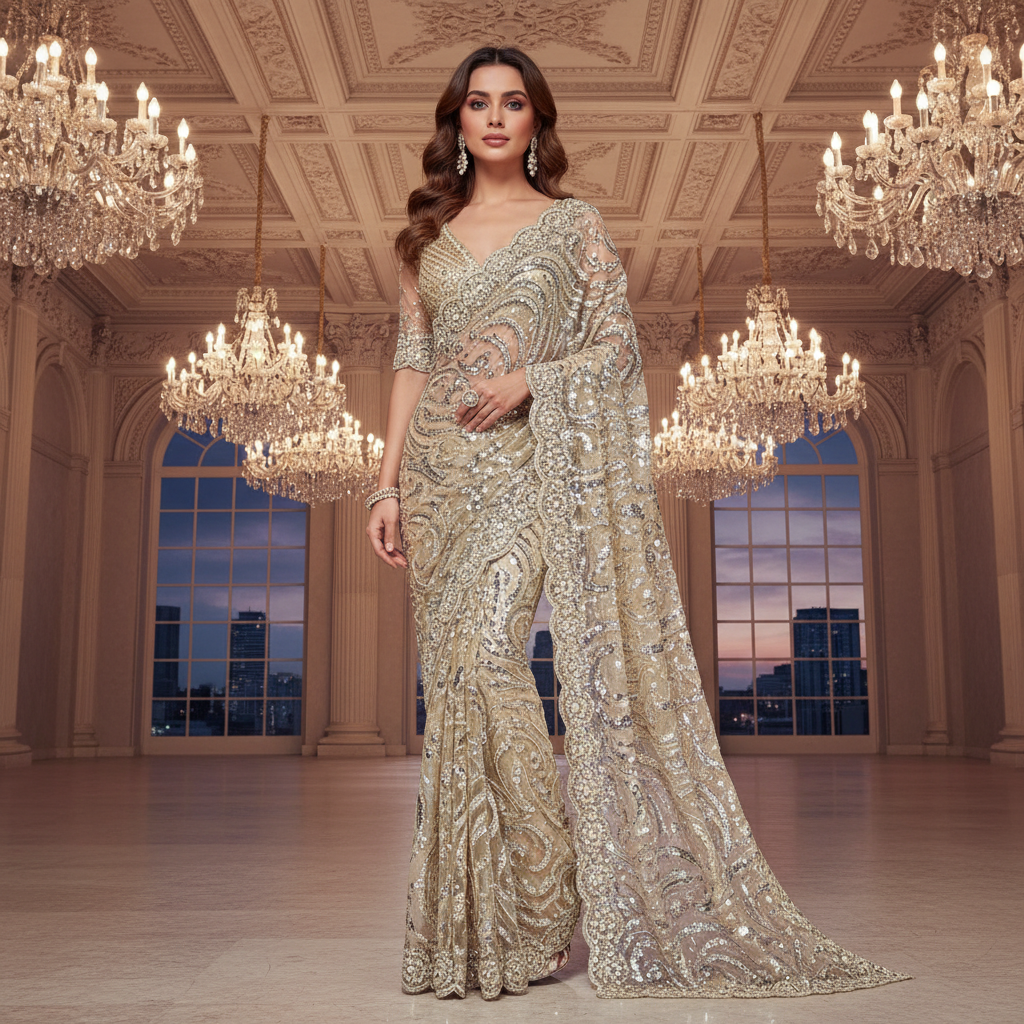 Exquisite embroidery saree with detailed handwork and sequin embellishments