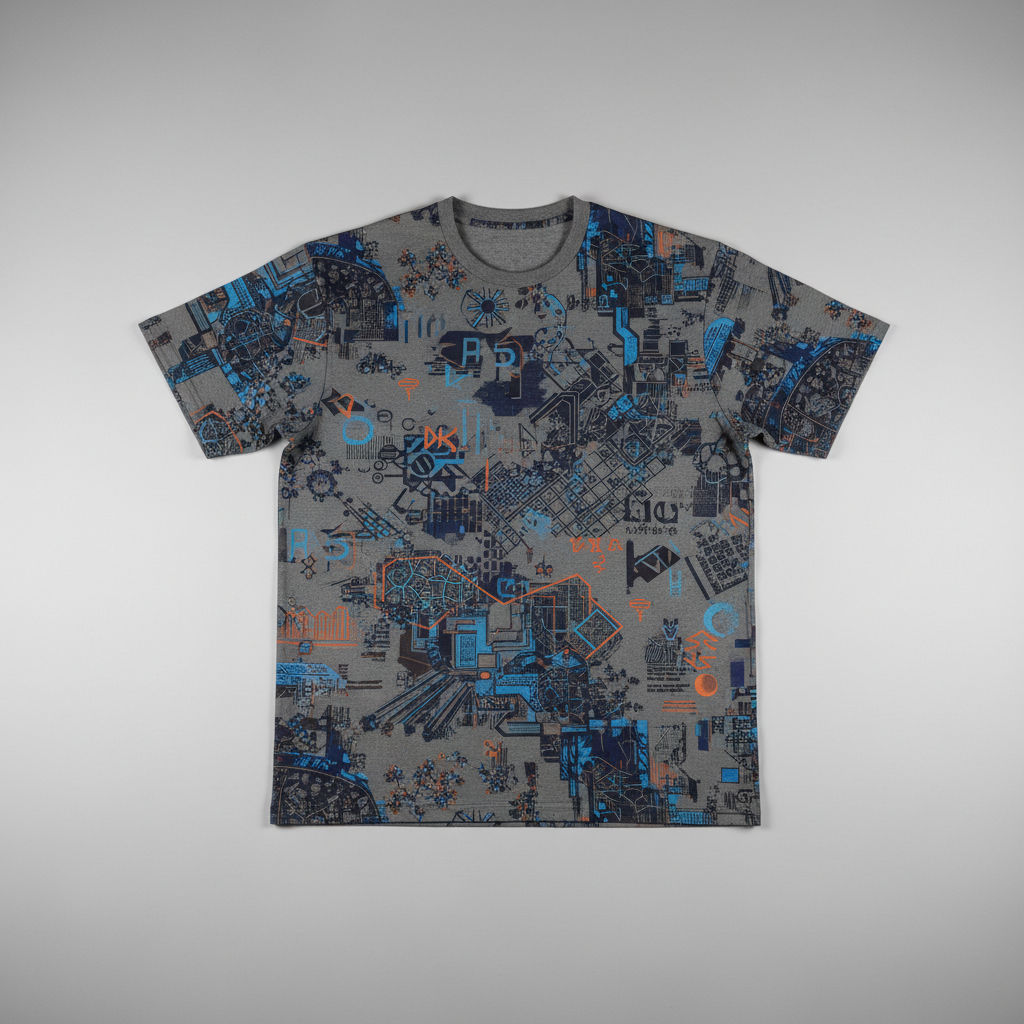 Flat-lay of Betta Tessellation oversized tee on purple geometric background