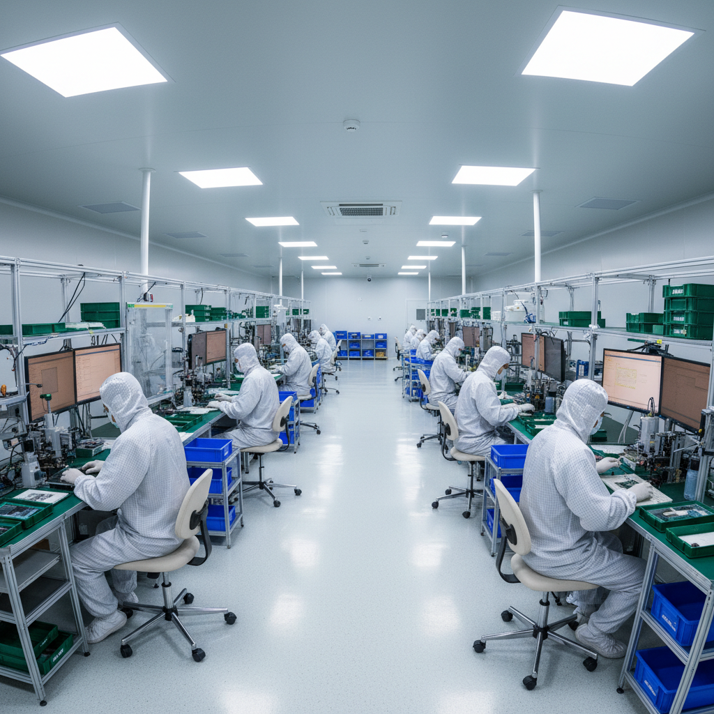 Electronics manufacturing cleanroom with workers in antistatic protective textile garments