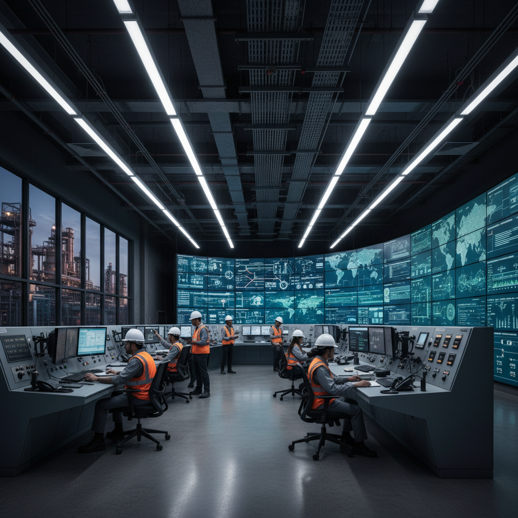 Operations team monitoring energy efficiency systems and environmental controls in an industrial facility