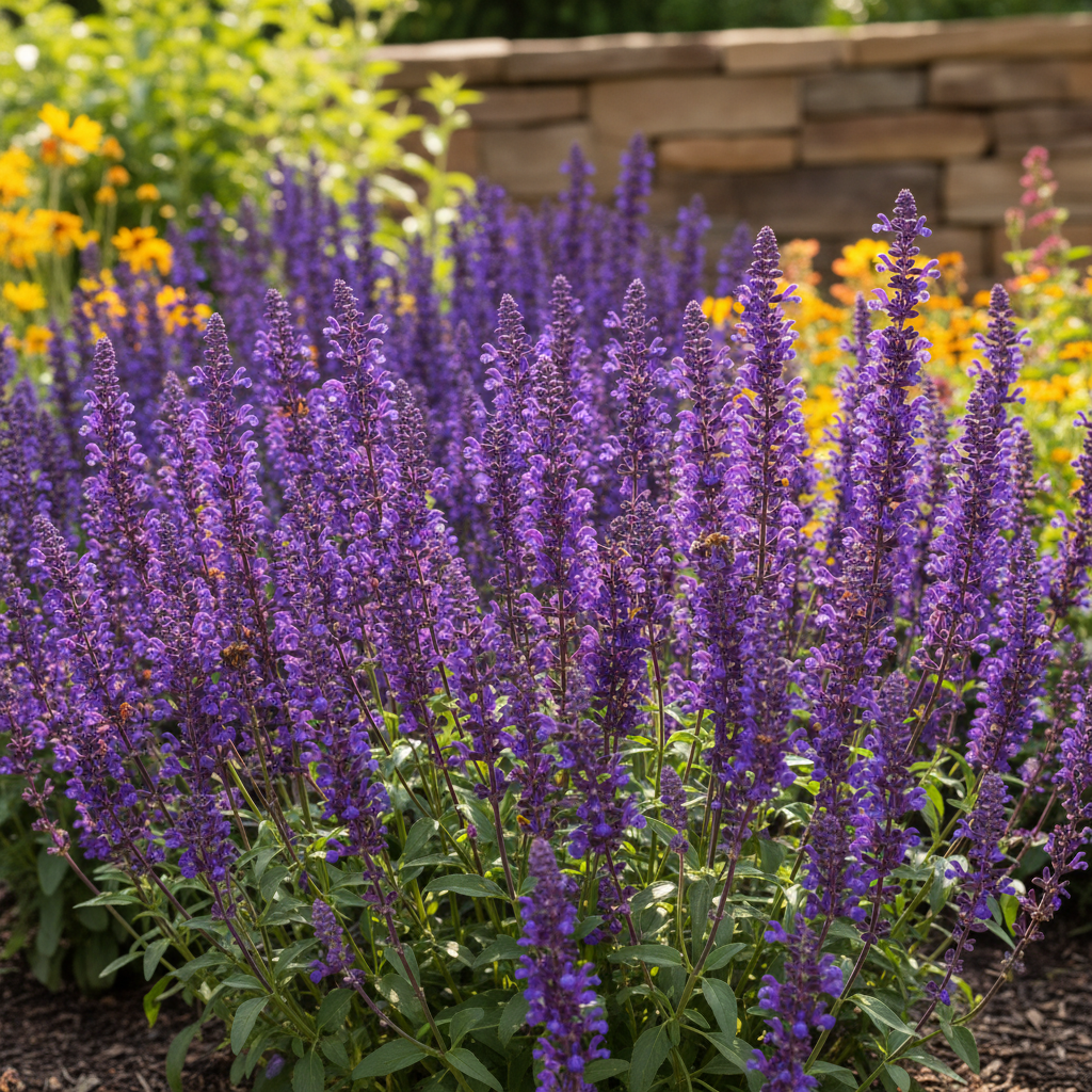 Deep purple Caradonna salvia spikes growing in a sunny garden border